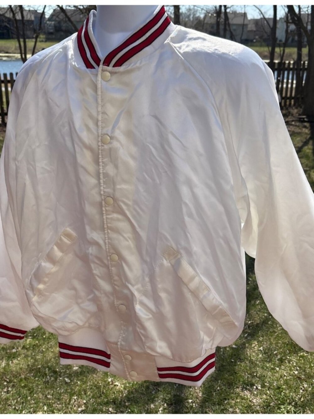 Vintage White Satin Bomber Jacket By Pla-Jac Dunbrooke XL Red Striped Collar USA